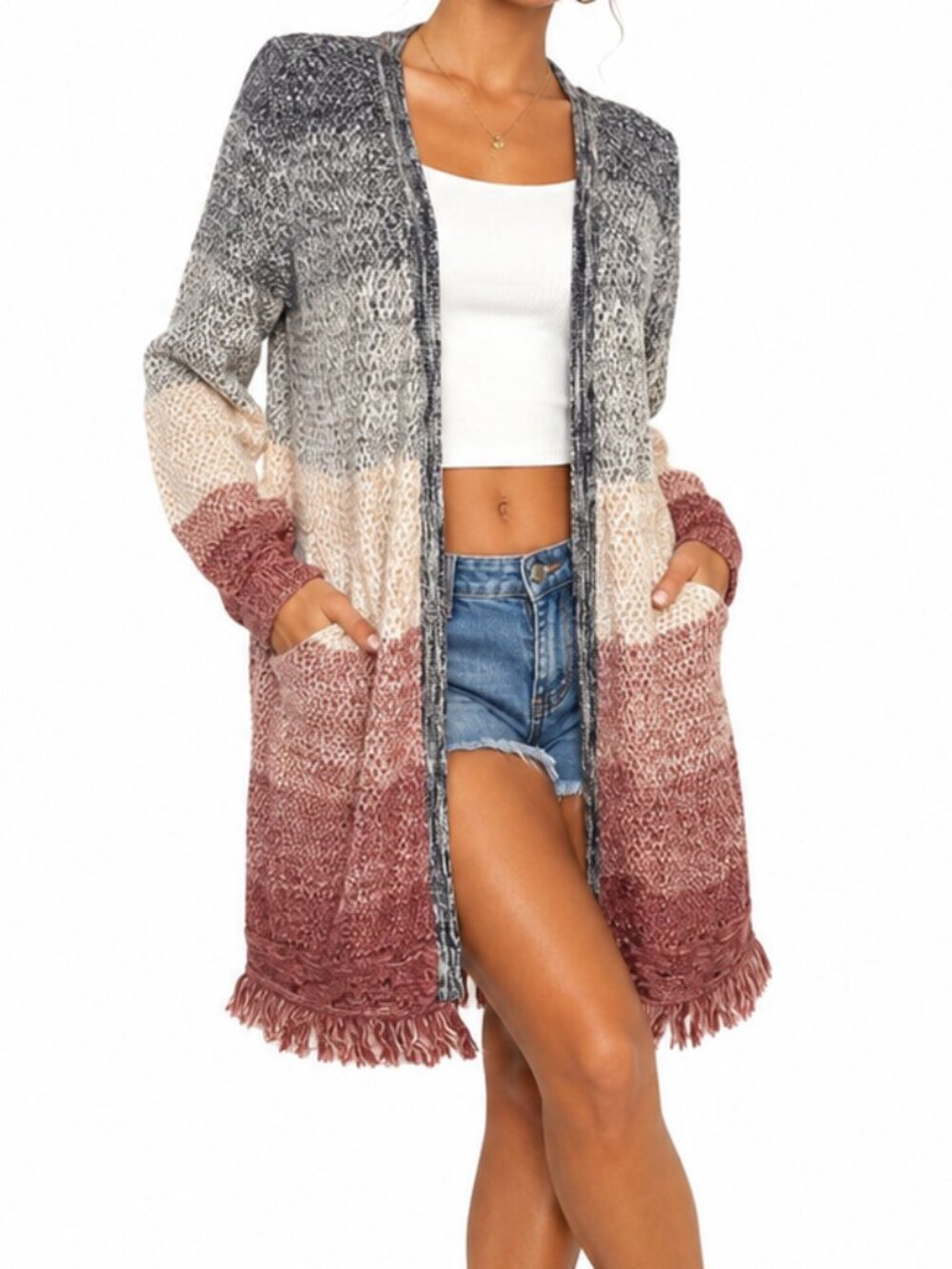 Natural Reflections Duster Cardigan Knit Fringe Open Front Small Cottagecore